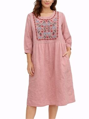 Orange Creek Pink Embroidered Boho Midi Dress